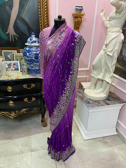 Aubergine ombre shaded chiffon saree with heavy sequin border