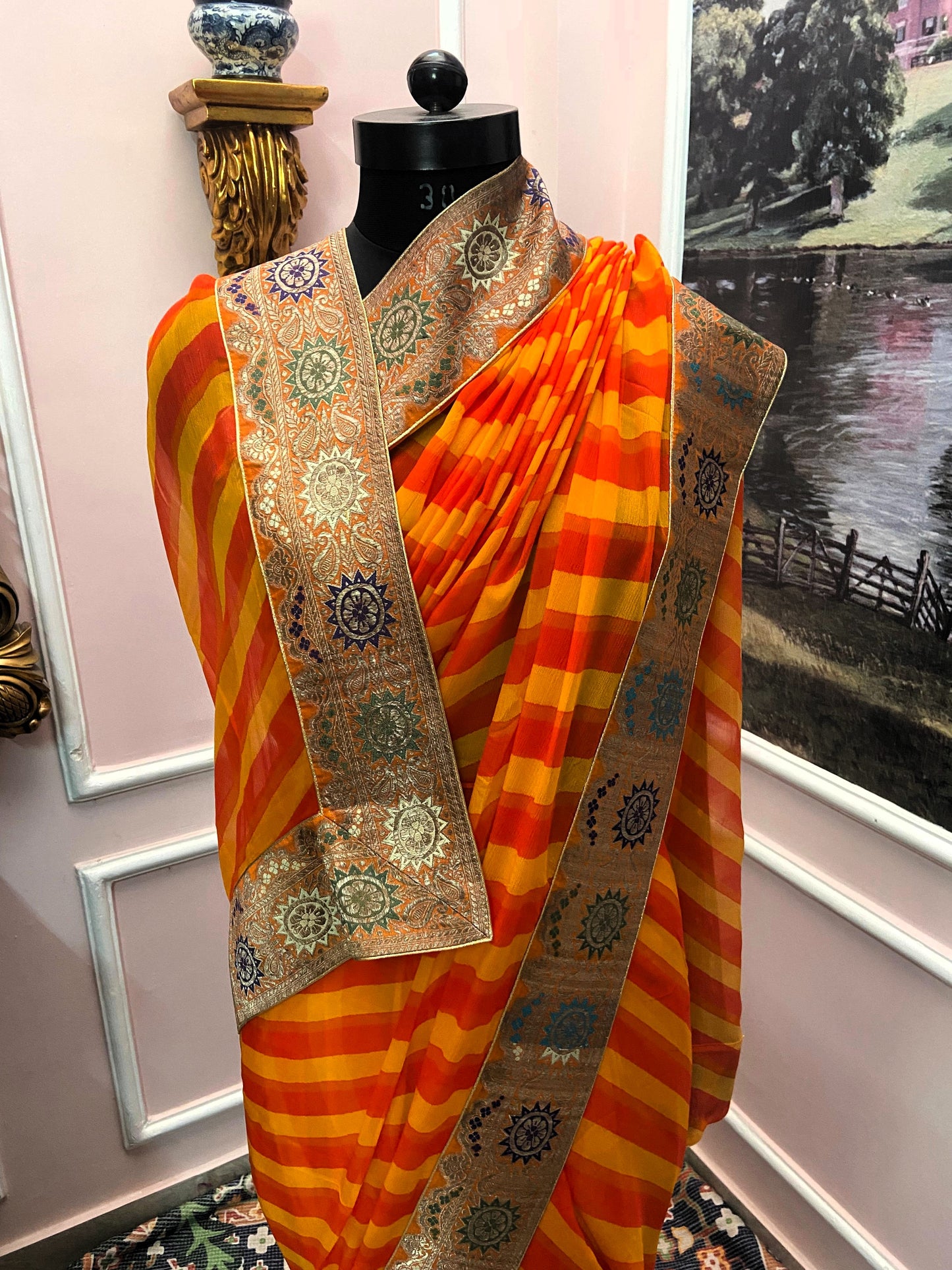 Red yellow antique border saree