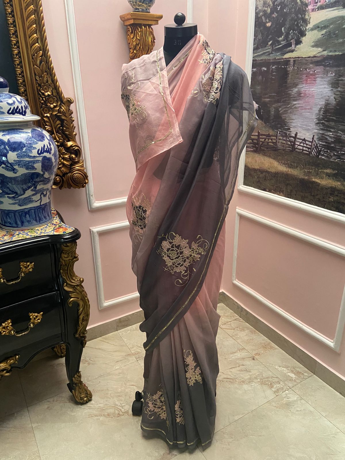 Pink to gray shaded chiffon with buti