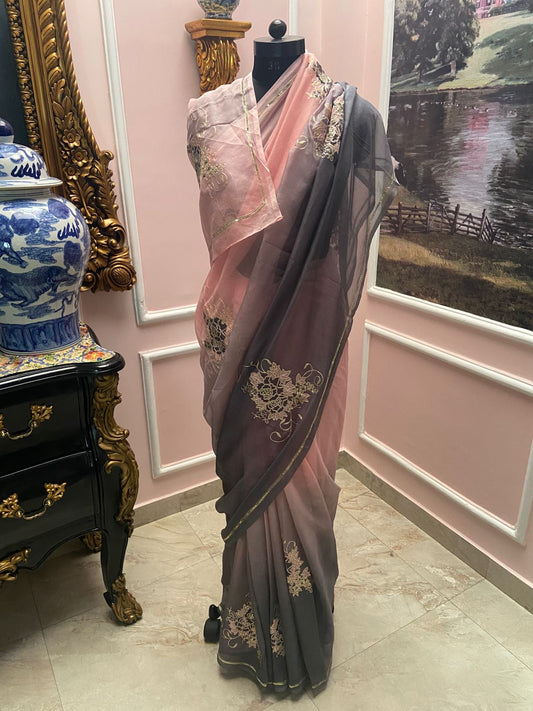 Pink to gray shaded chiffon with buti