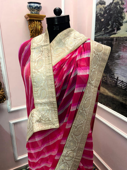 Pink lehariya antique border saree