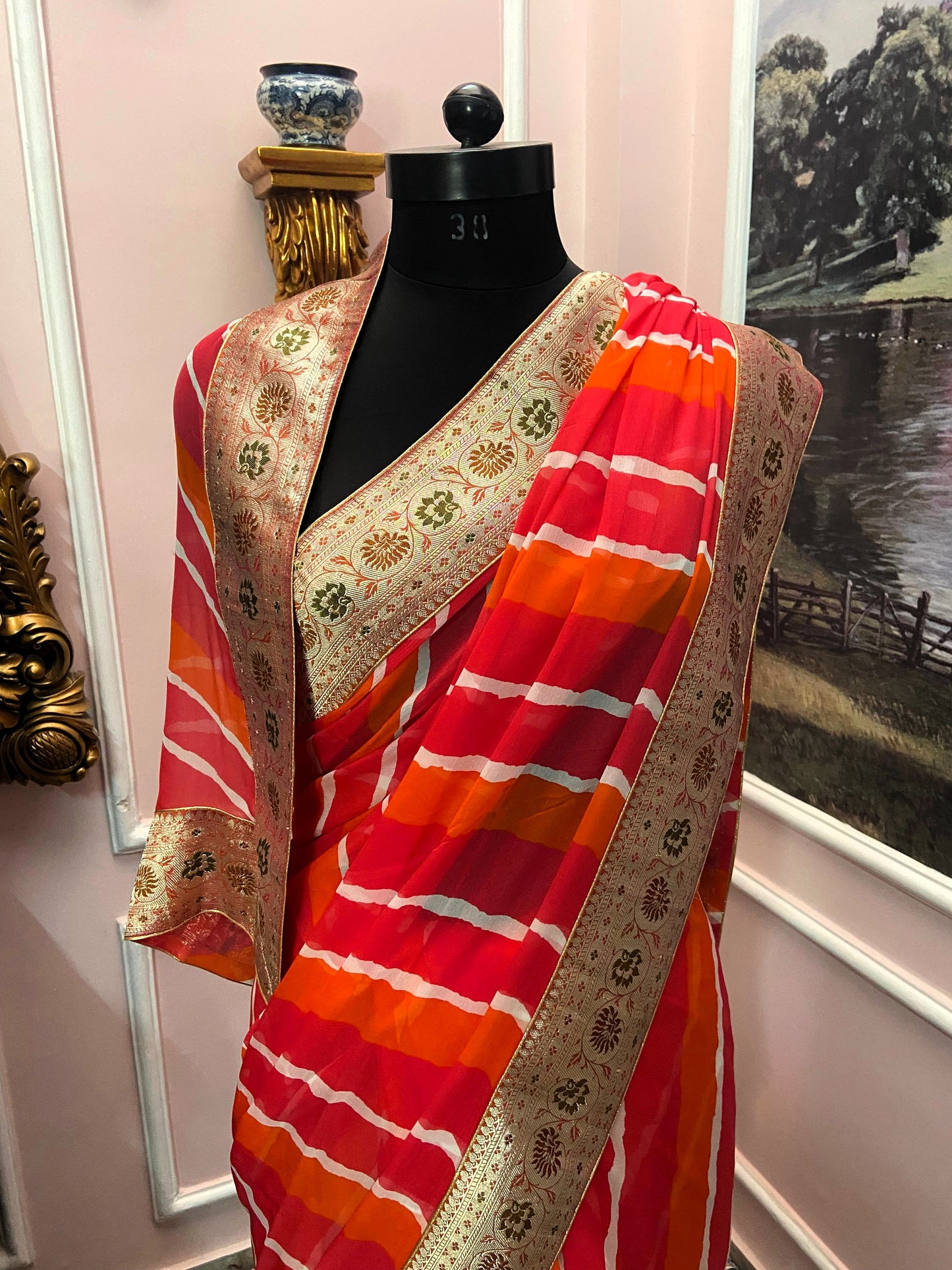 Orange lehariya antique border saree