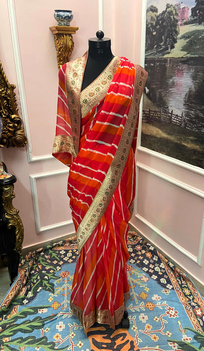 Orange lehariya antique border saree