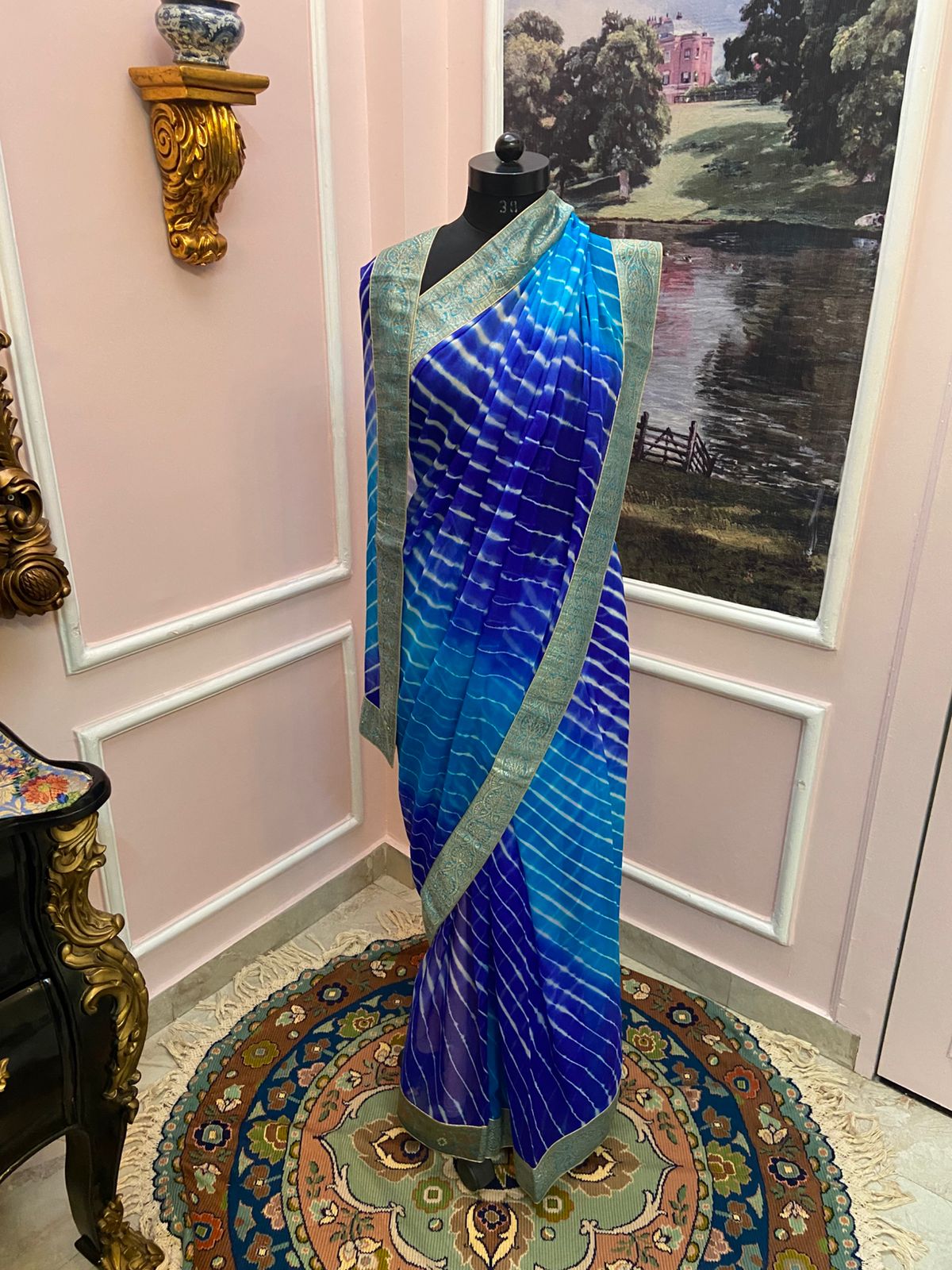 Blue leheriya antique border Chiffon saree