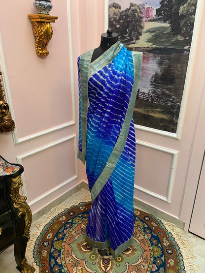 Blue leheriya antique border Chiffon saree