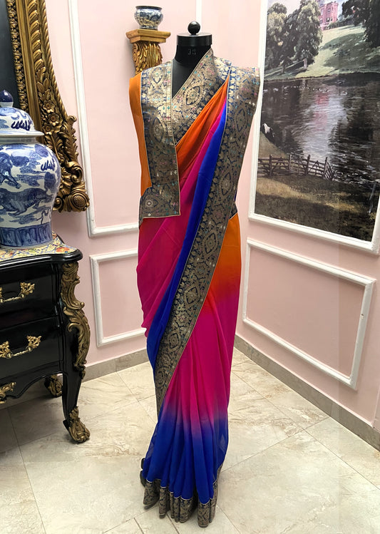 Orange rani shaded antique border saree
