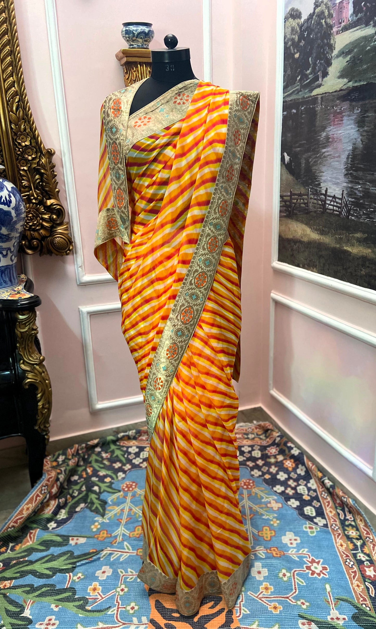 Yellow to red lehariya antique border saree