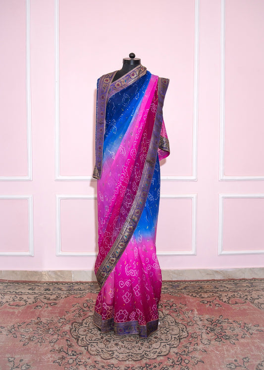Blue to magenta bandani antique border saree