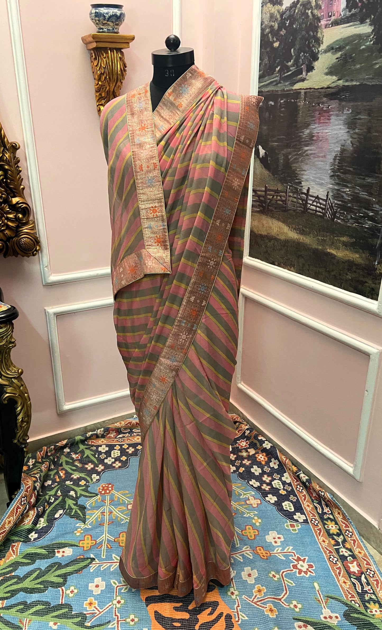 Pink Grey multi color lehariya antique border saree