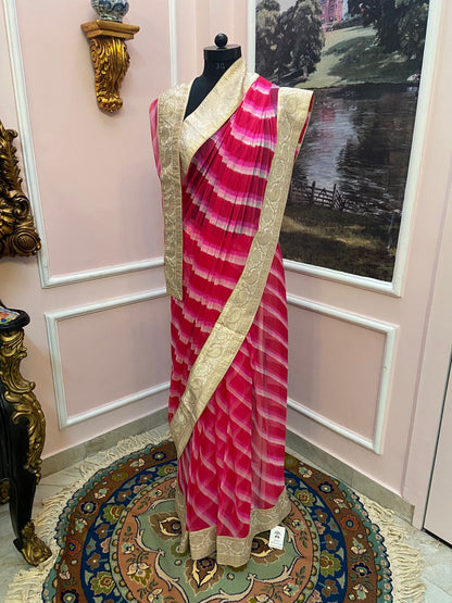 Pink leheriya antique border Chiffon saree