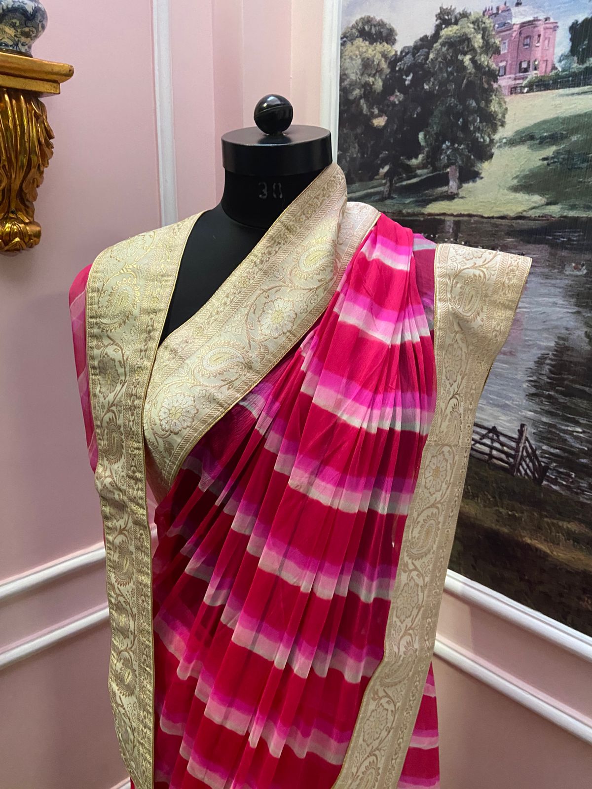 Pink leheriya antique border Chiffon saree