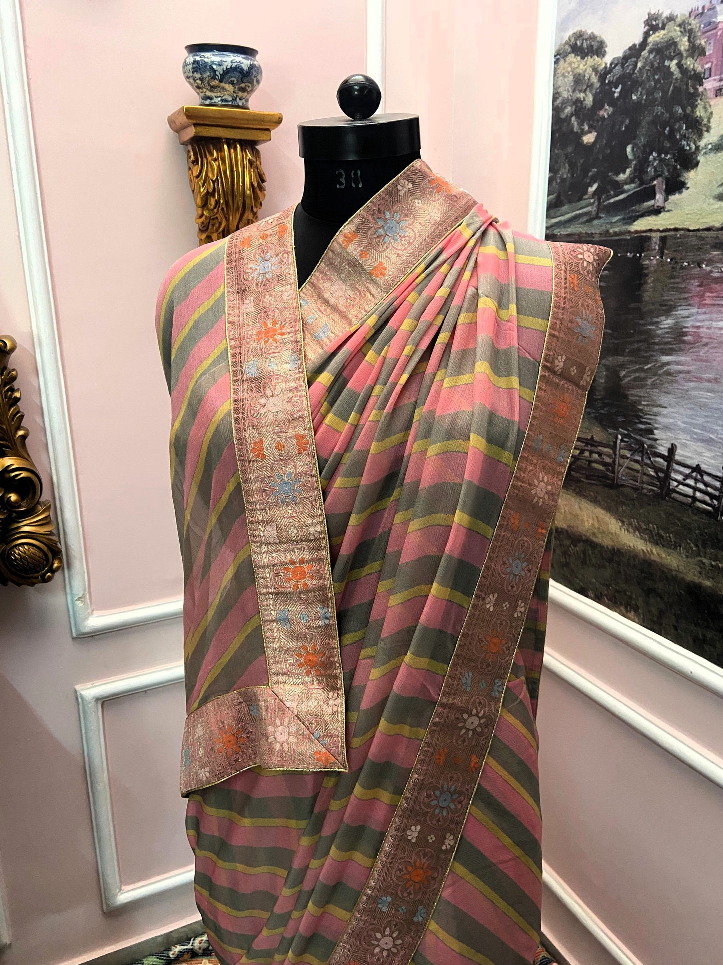 Pink Grey multi color lehariya antique border saree