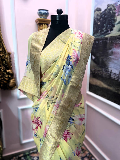 Yellow french chiffon printed antique border saree