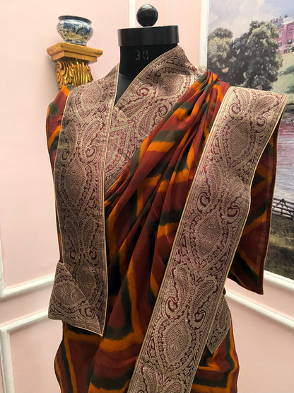 Red yellow multicolor lehariya antique border saree