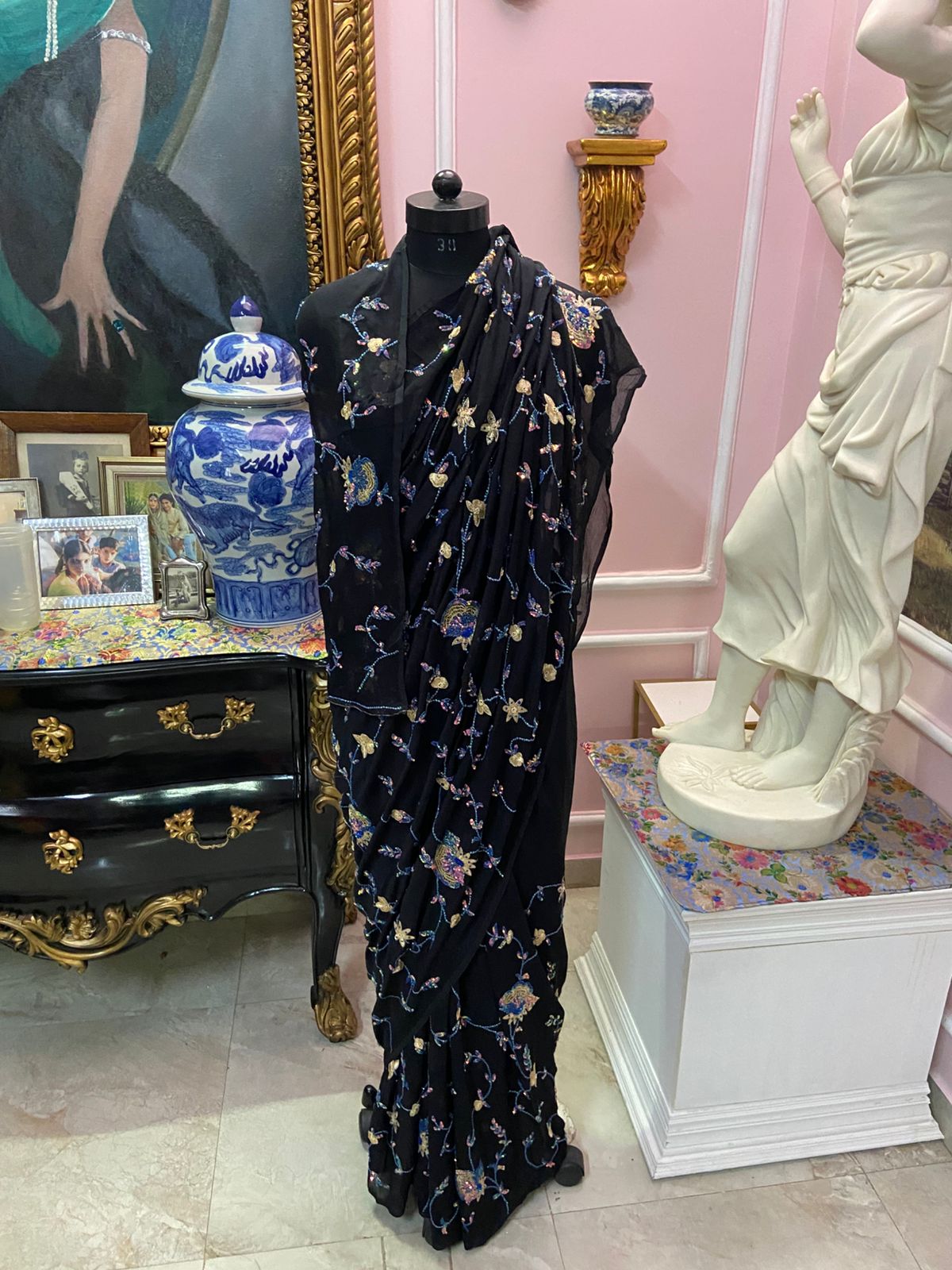 Black single tone with multicolor sequin jaal all-over