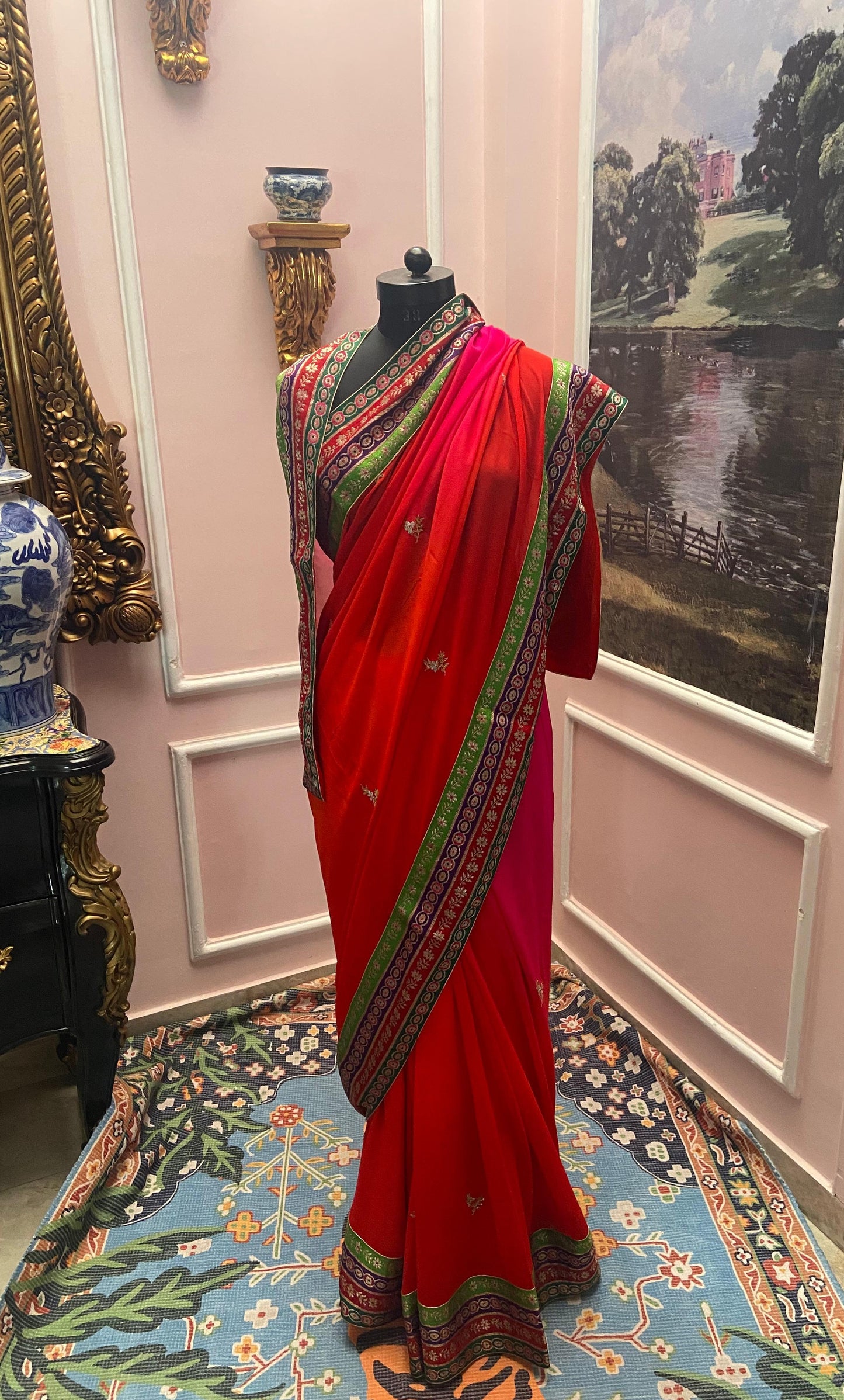 Red antique border saree