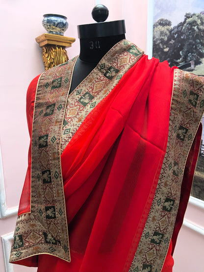 Red antique border saree