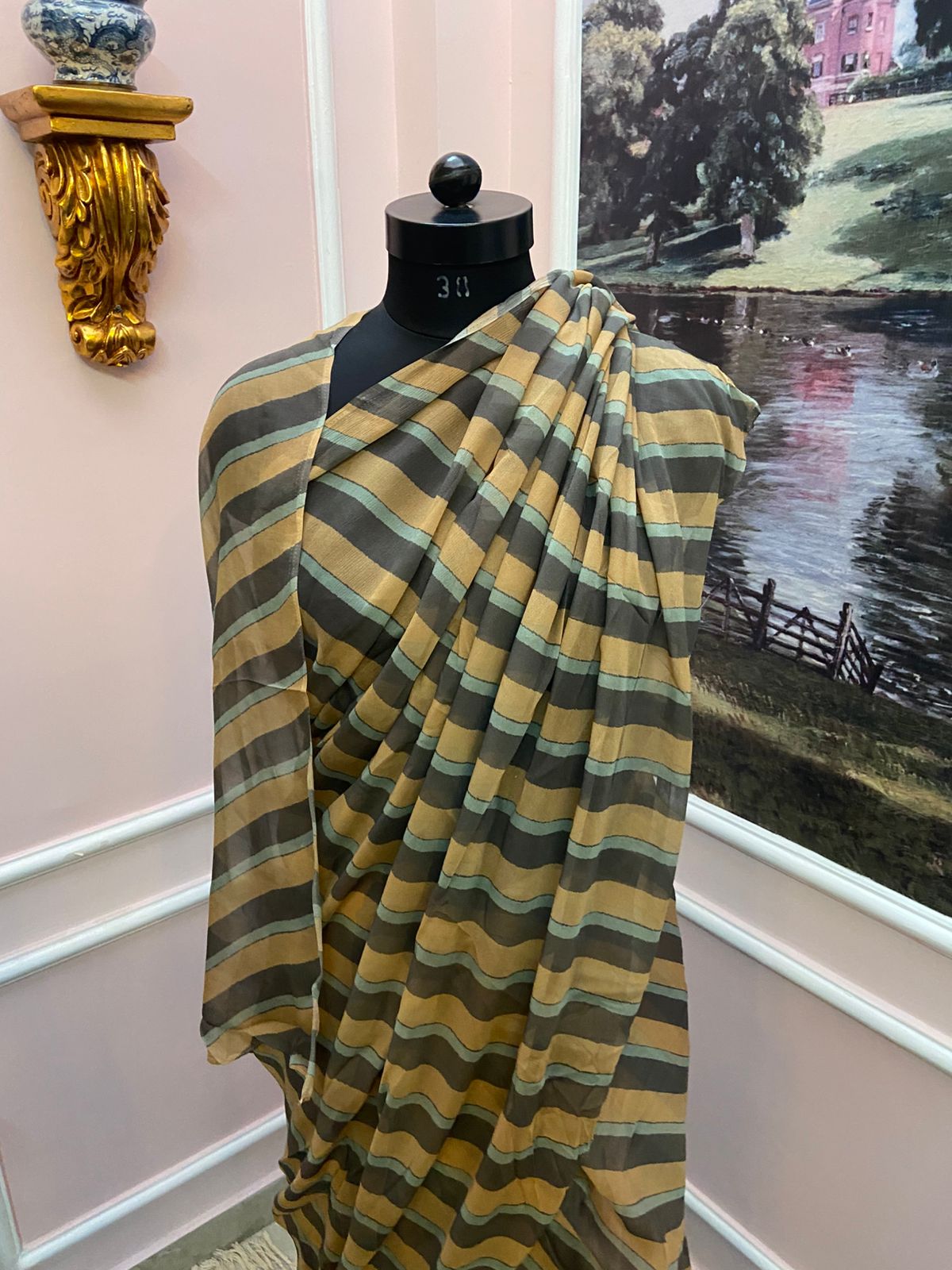 Yellow multicolor French Chiffon Lehariya Saree