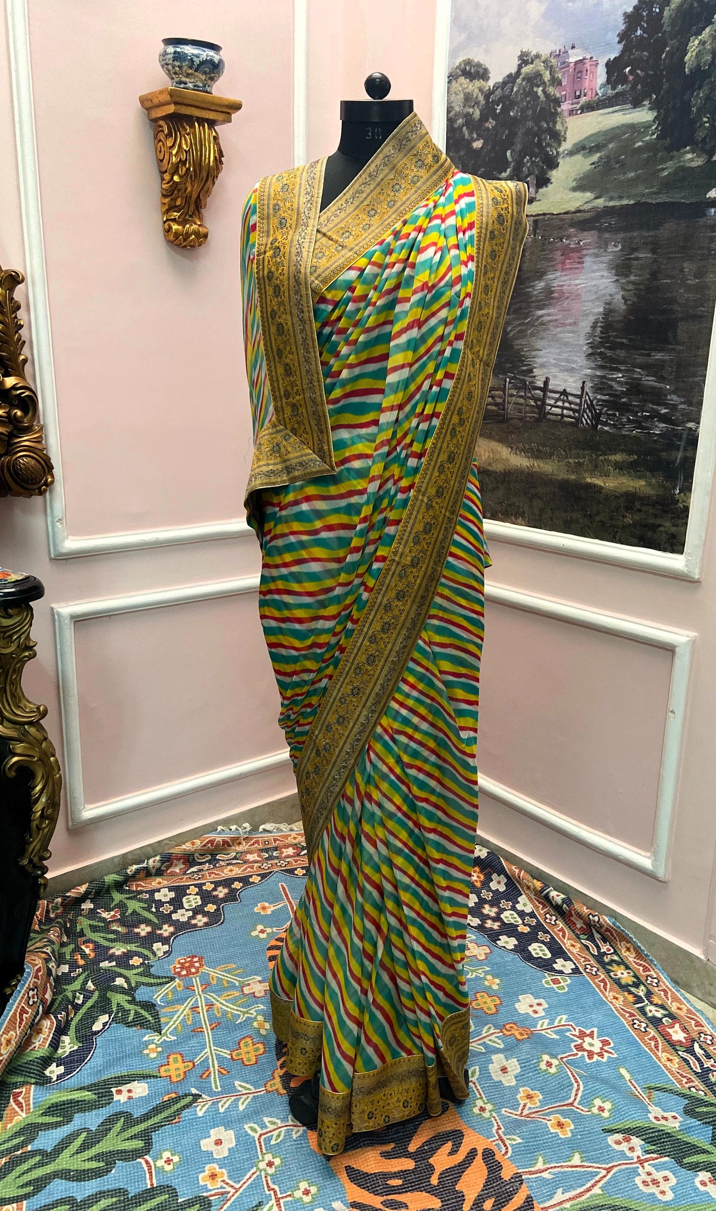Multicolor lehariya antique border saree