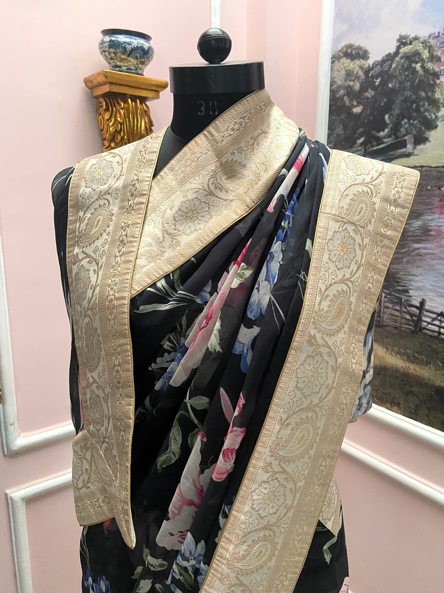 Black printed french chiffon antique border saree