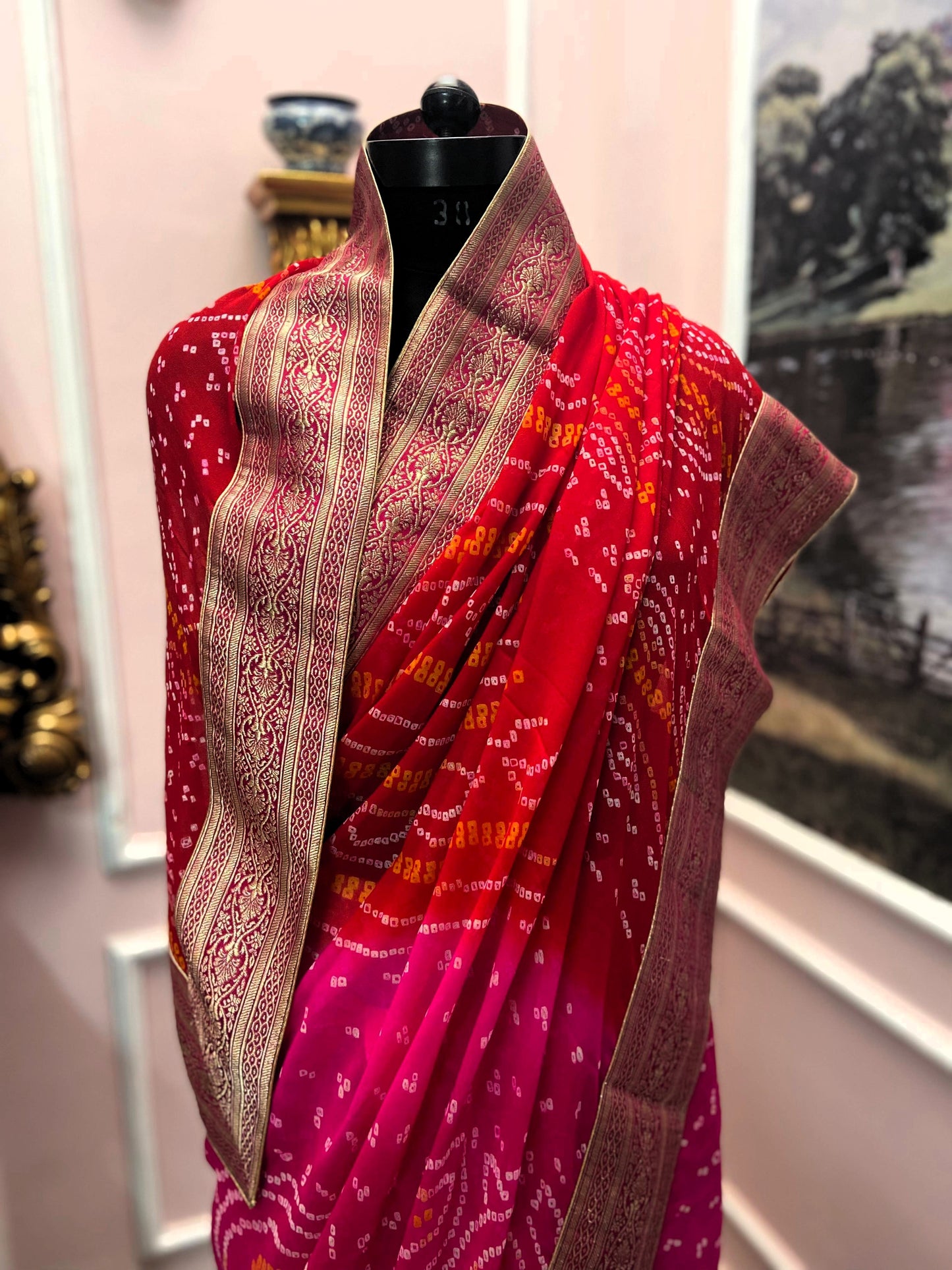 Red pink bandhej antique border saree