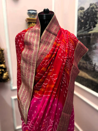 Red pink bandhej antique border saree