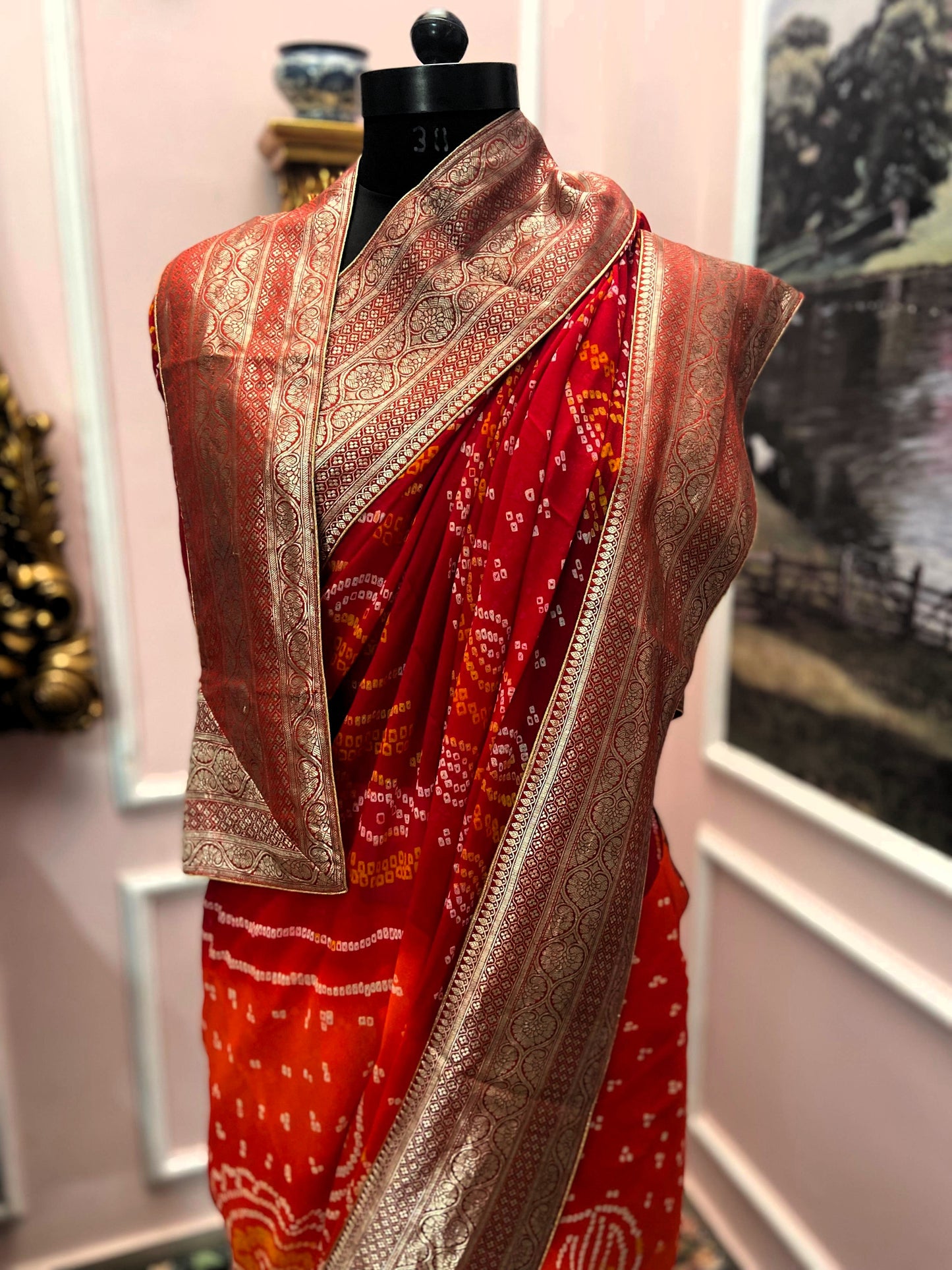 Red orange bandhej antique border saree