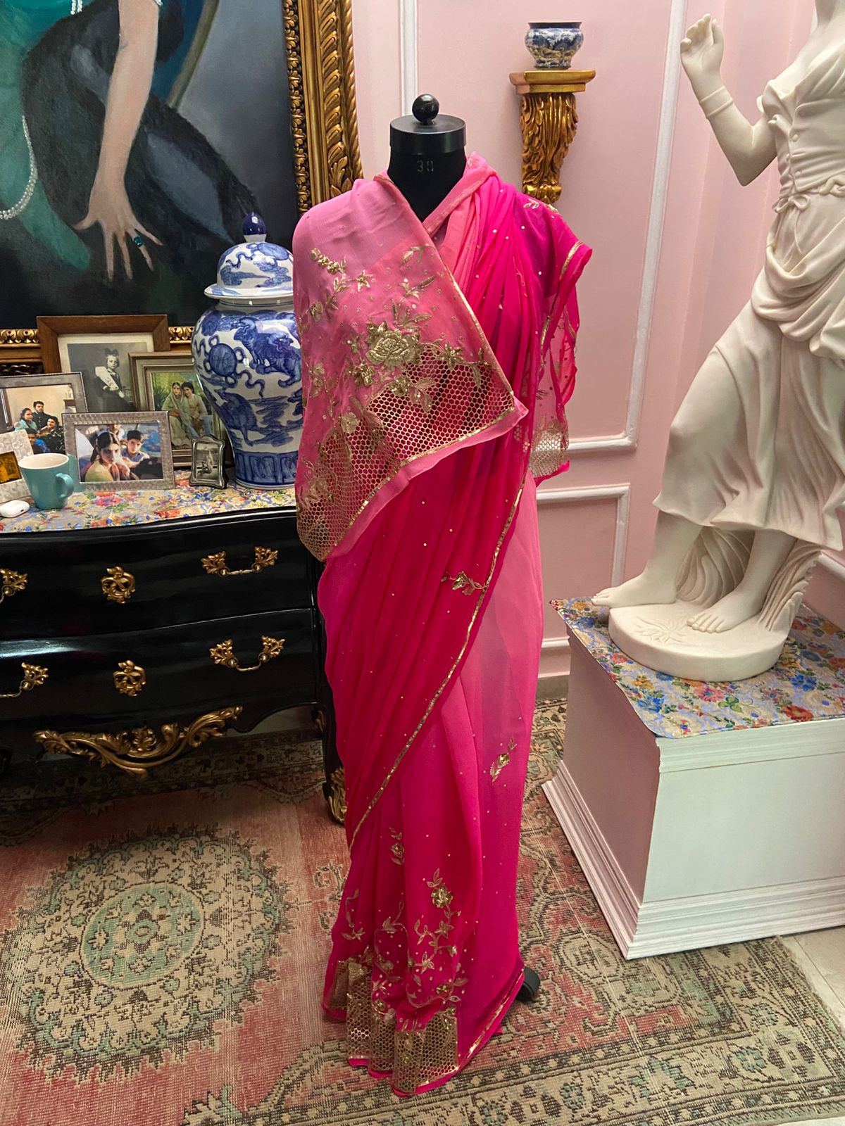 Pink ombre shaded cutwork border saree