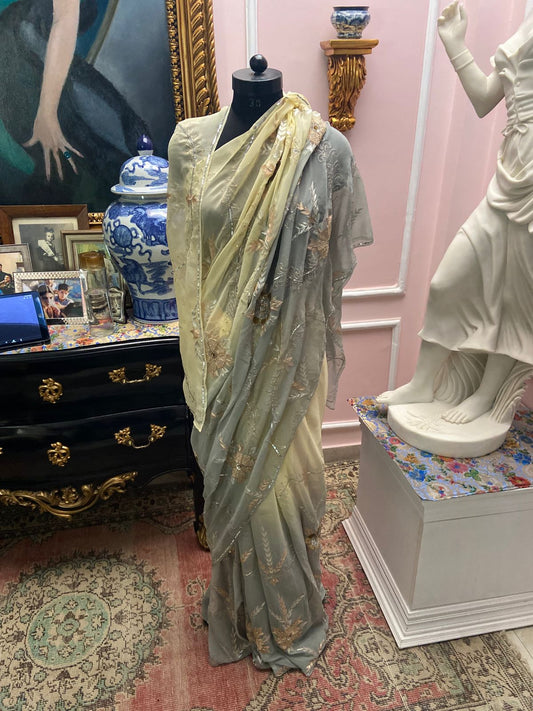 Butter yellow to gray shaded chiffon saree with resham & sequin jaal all-over