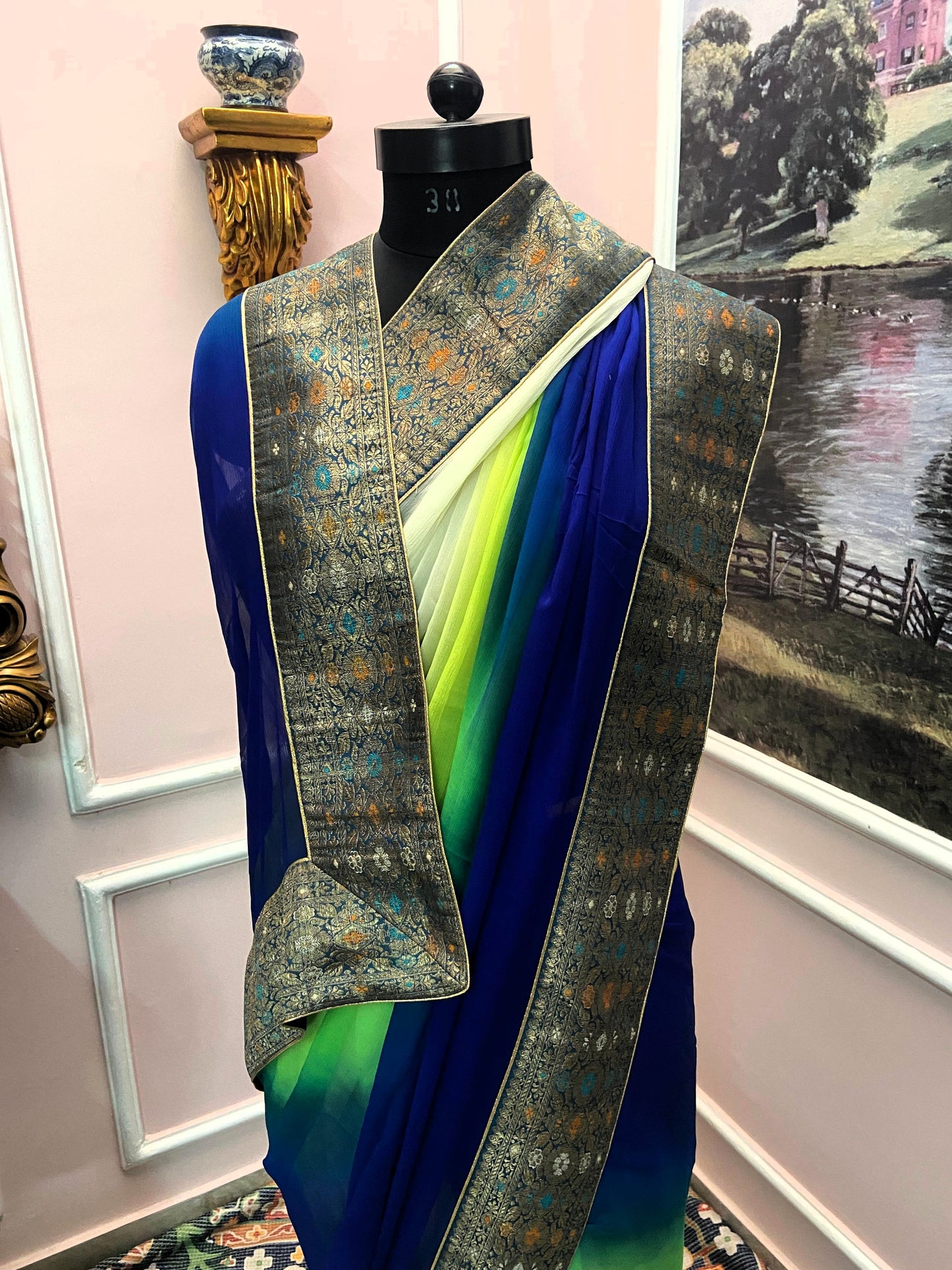 Royal Blue–Green Ombré antique border saree
