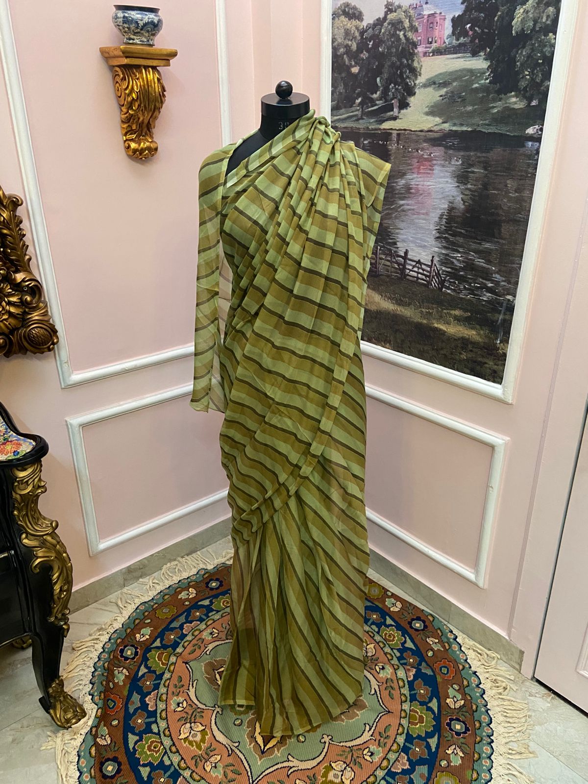 Green multicolor French Chiffon Lehariya Saree
