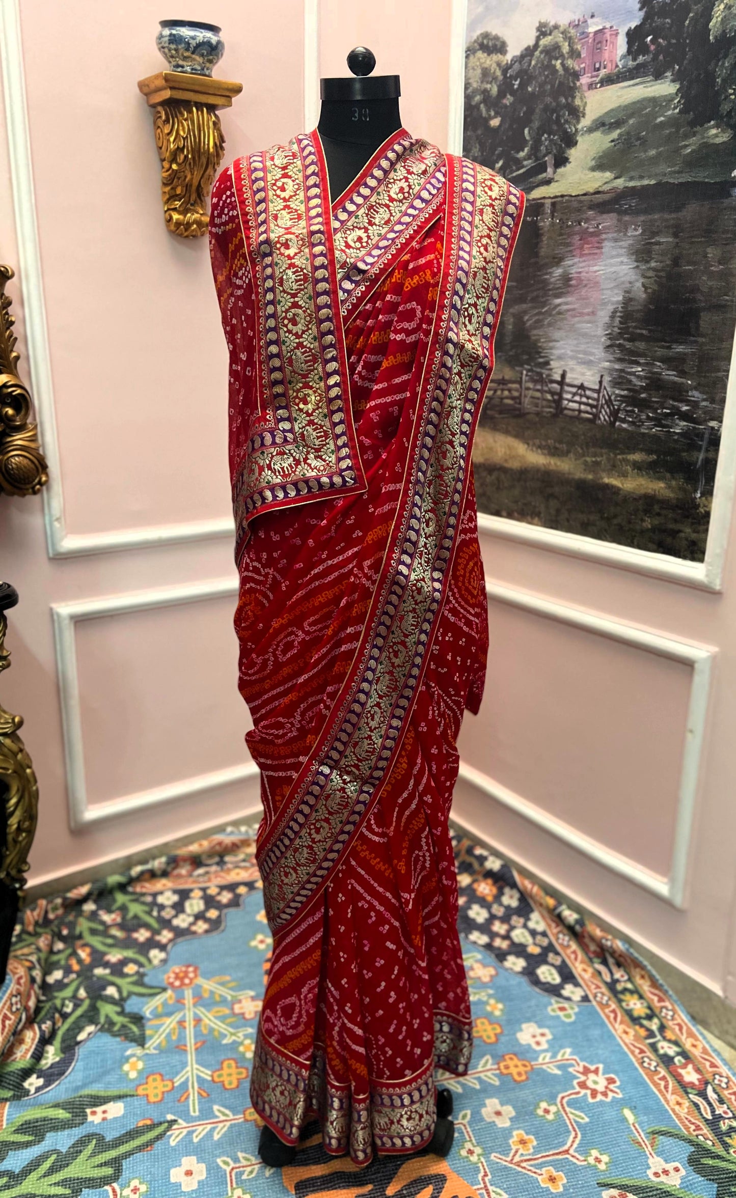 Red bandhej antique border saree