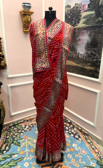 Red bandhej antique border saree