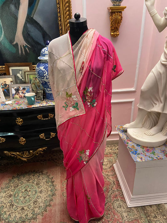 Pink ombre shaded chiffon saree with florest jaal