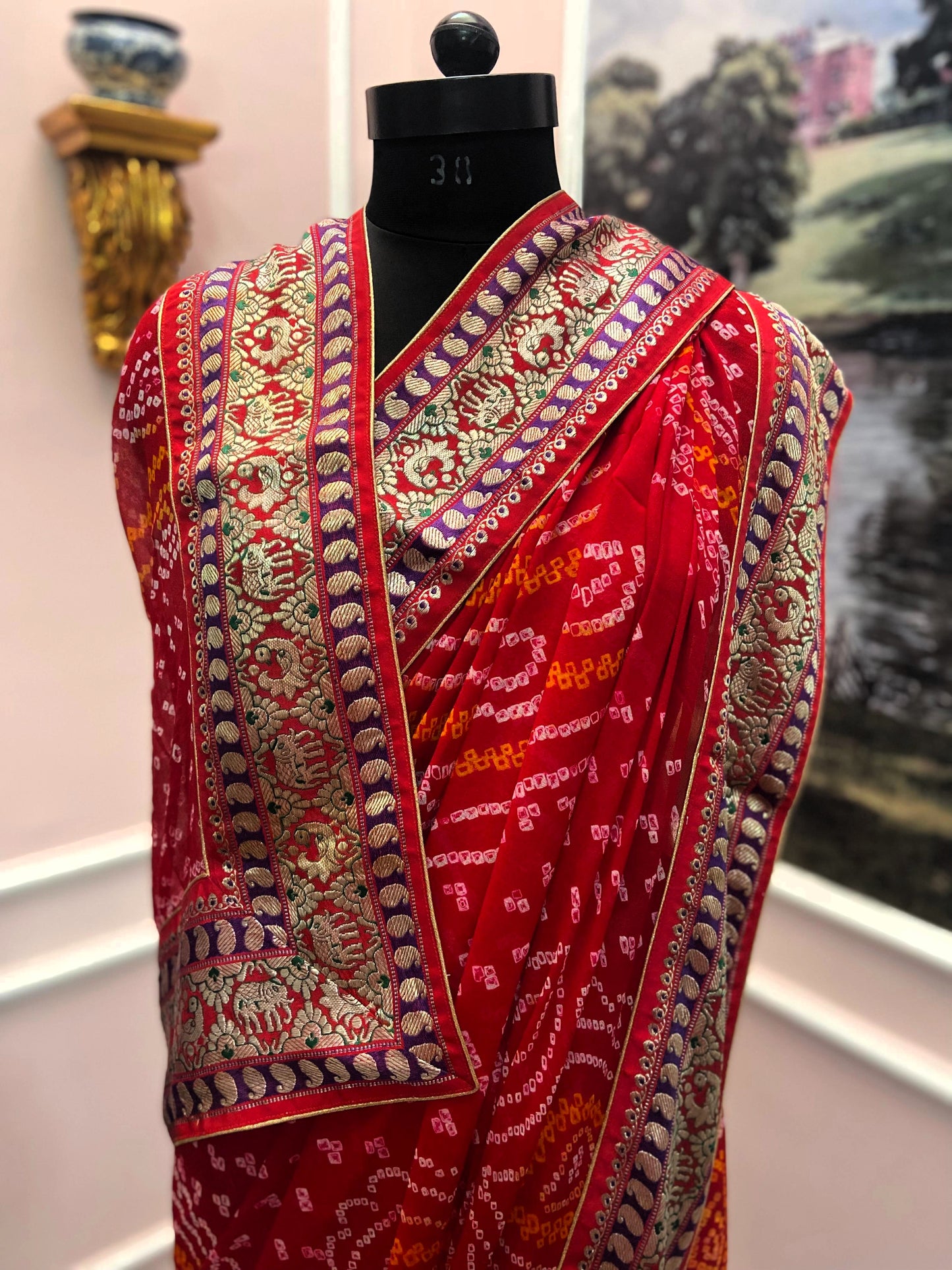 Red bandhej antique border saree