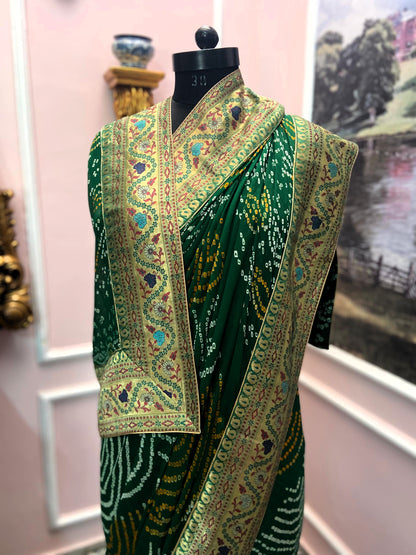 Green bandhej antique border saree