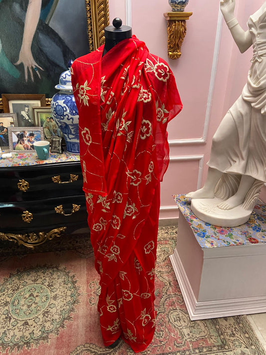 Single tone Red chiffon saree with flora jaal