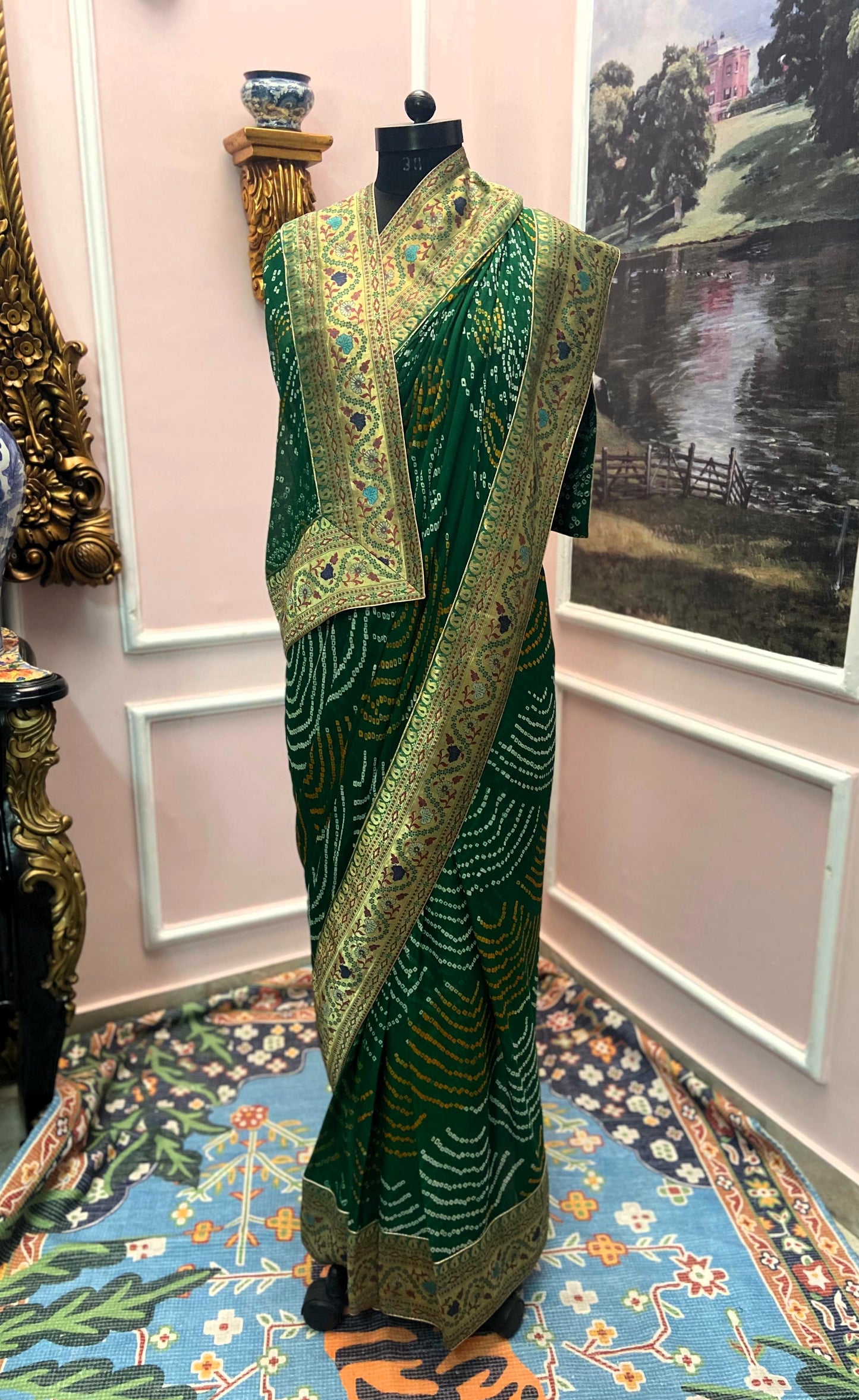 Green bandhej antique border saree