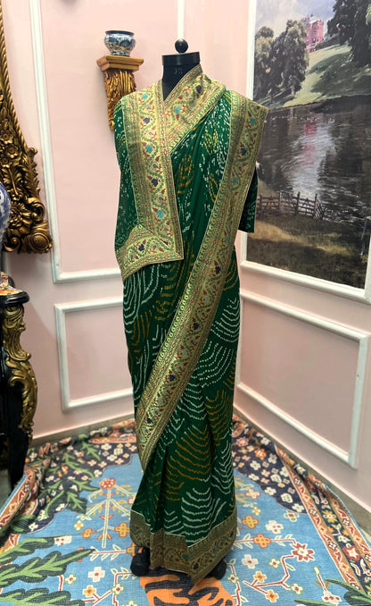 Green bandhej antique border saree
