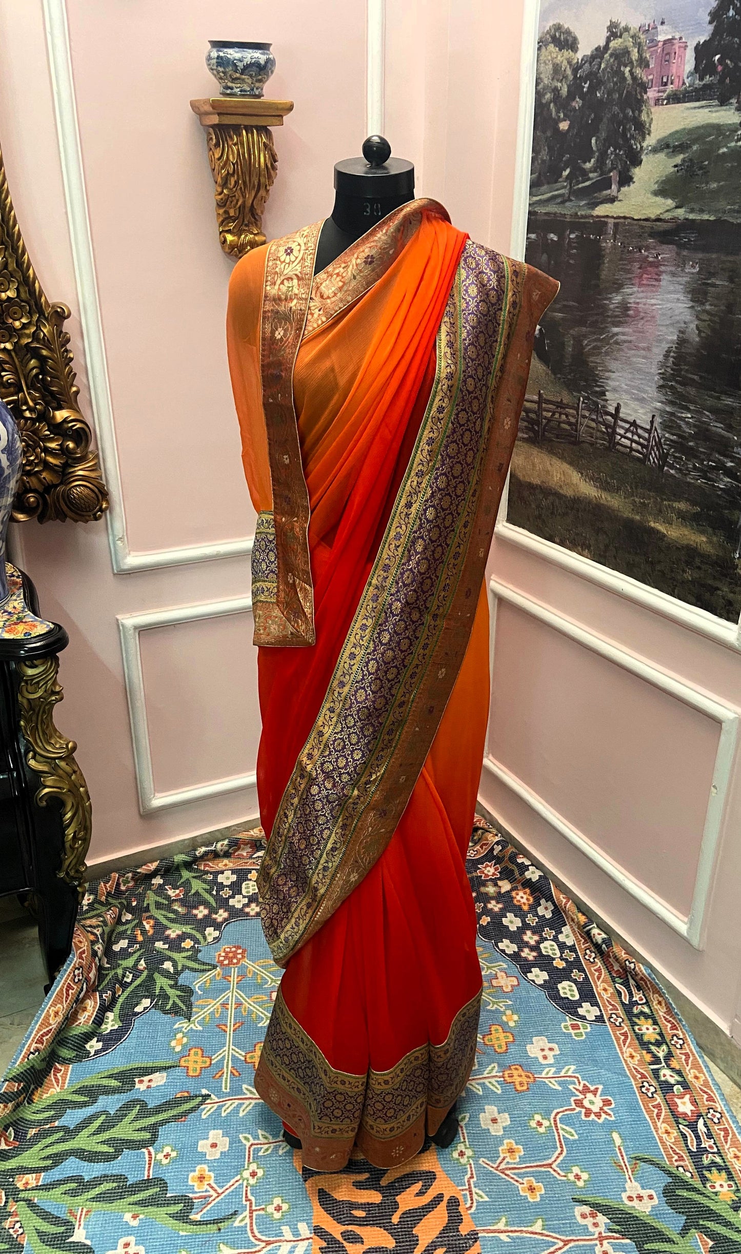 Orange ombre antique border saree