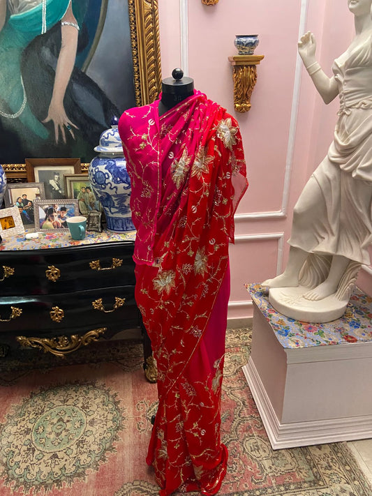 Rani to red shaded chiffon saree with jaal all-over