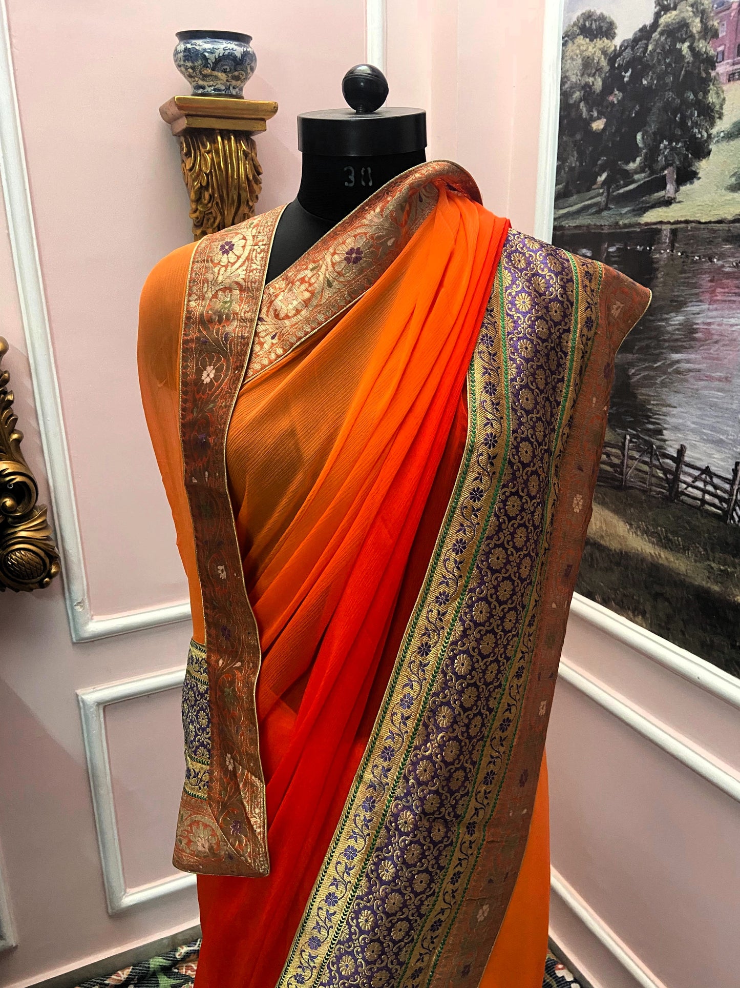 Orange ombre antique border saree