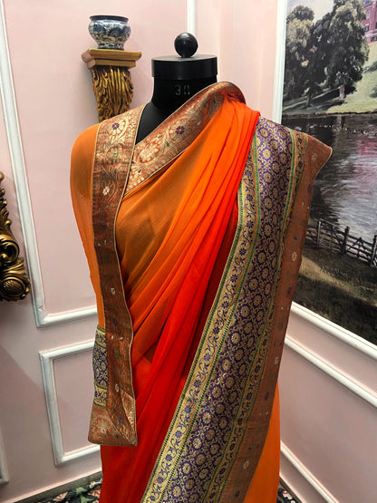 Orange ombre antique border saree