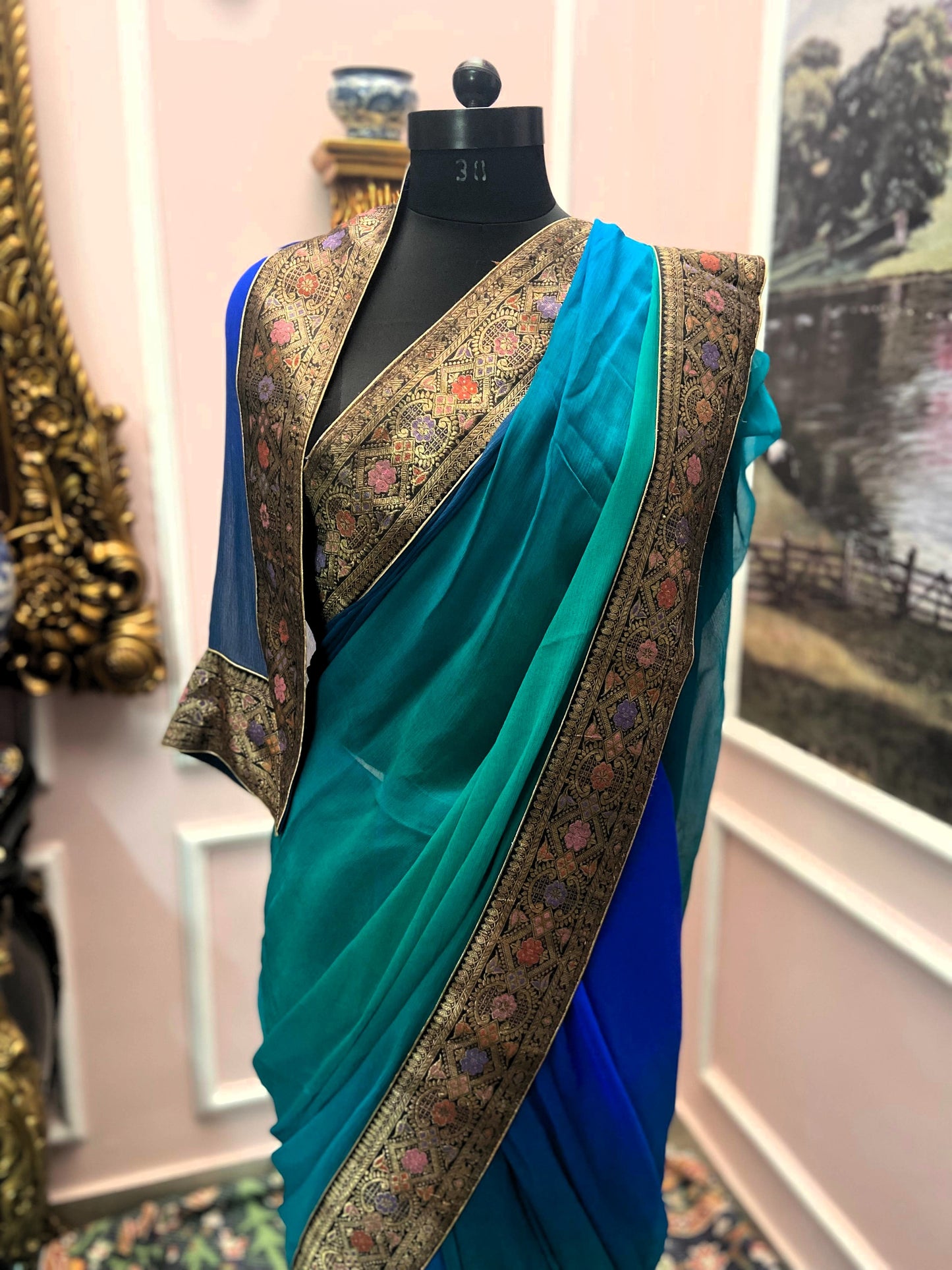 Dual-Tone Blue–Green antique border saree