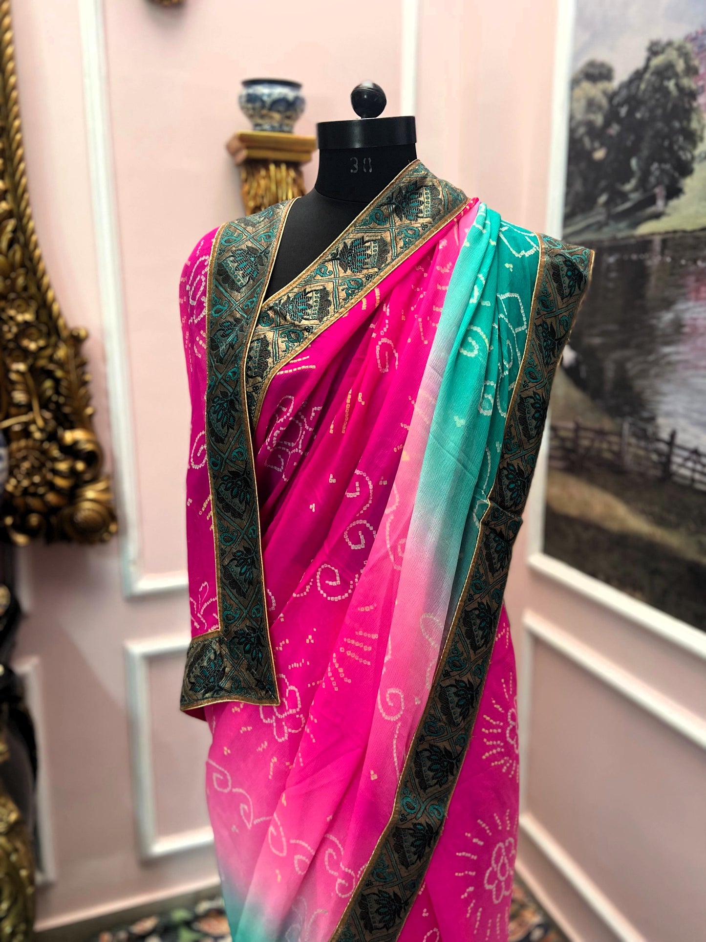 Pink to green shaded bandhej antique border saree