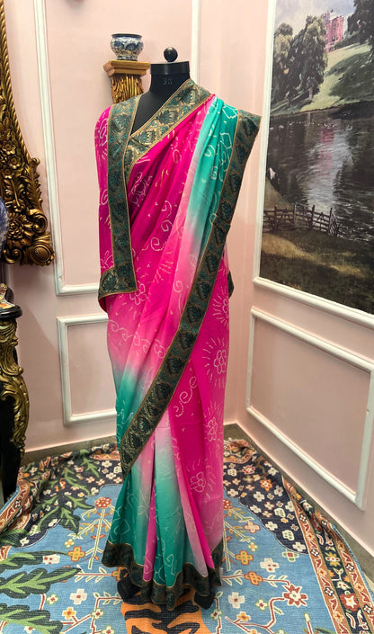 Pink to green shaded bandhej antique border saree