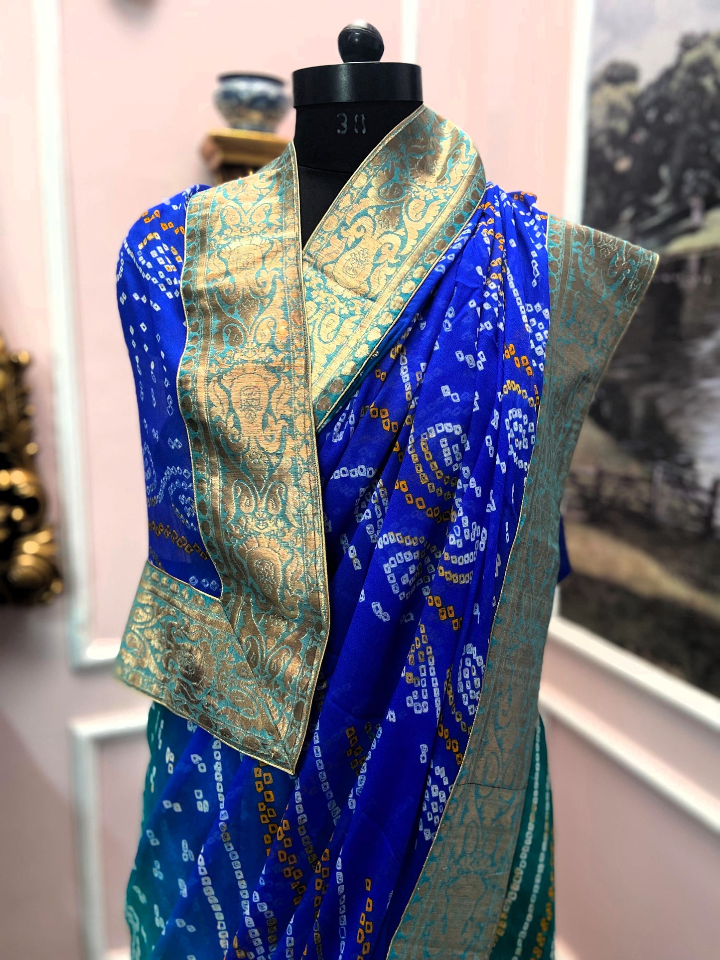Peacock bandhej antique border saree