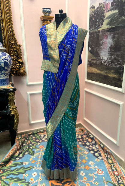 Peacock bandhej antique border saree