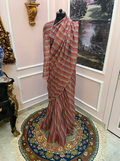 Red French Chiffon Lehariya Saree