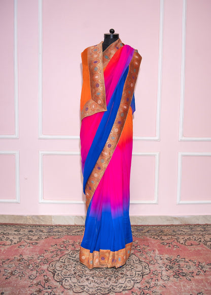 Orange to pink & blue shaded antique border saree